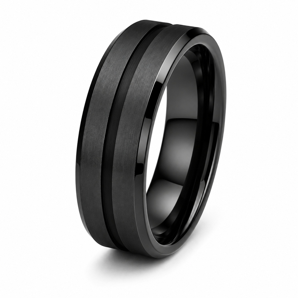 The Blackridge | Black Tungsten Wedding Band with Center Groove & Matte Finish | 6mm, 8mm