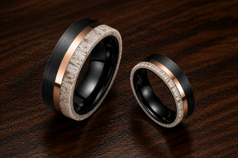 The Oakheart Set | Black Tungsten • Rose Gold • Genuine Antler Inlay | 4mm & 6mm