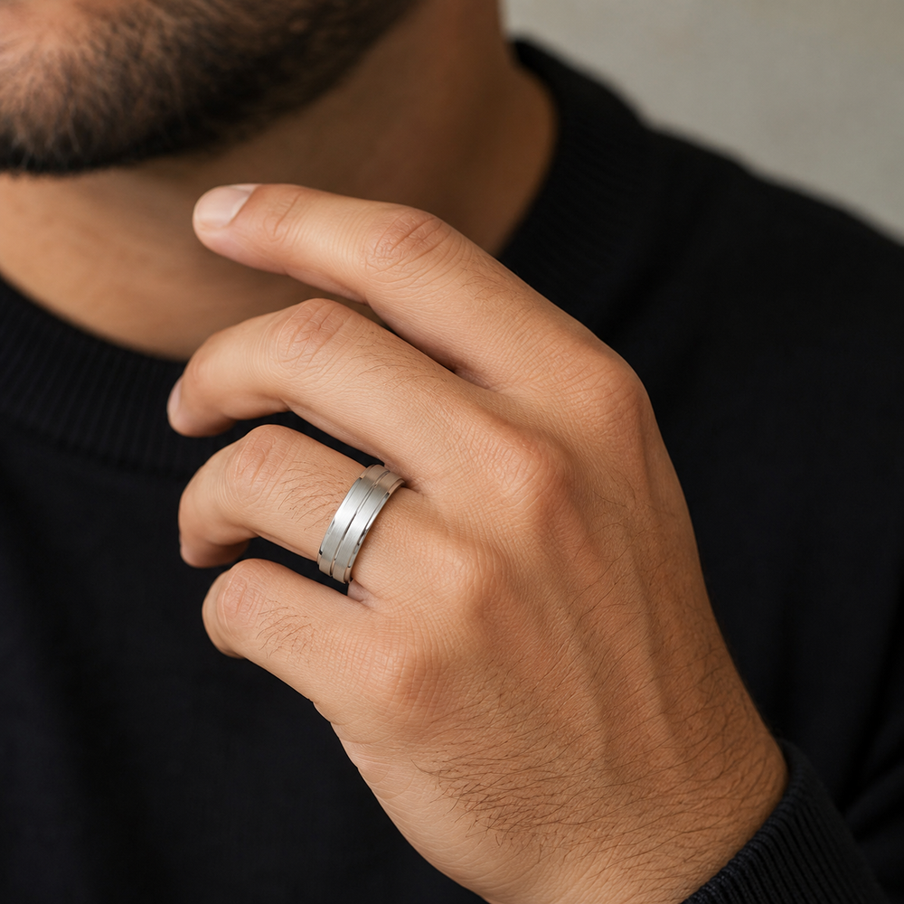 The Stratton | Brushed Titanium Wedding Ring with Twin Precision Groove