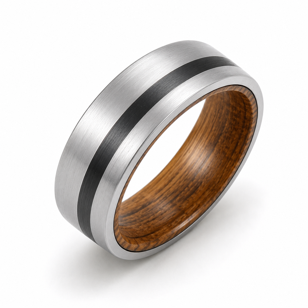 The Gentleman | Silver Whiskey Barrel Wood Ring with Black Inlay | 8mm
