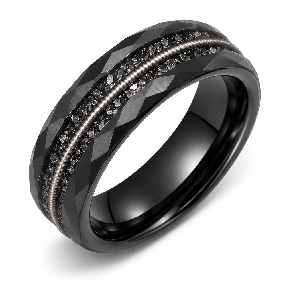 The Onyx | Black Tungsten Wedding Band with Guitar String Inlay, Classic Groove & Hammered Finish | 8mm