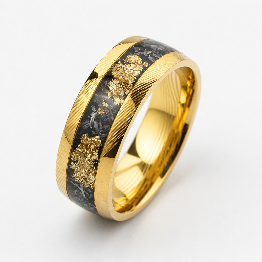 The Sovereign Vein | Damascus Ring with Genuine Meteorite & Gold Flakes Inlay | 6mm, 8mm