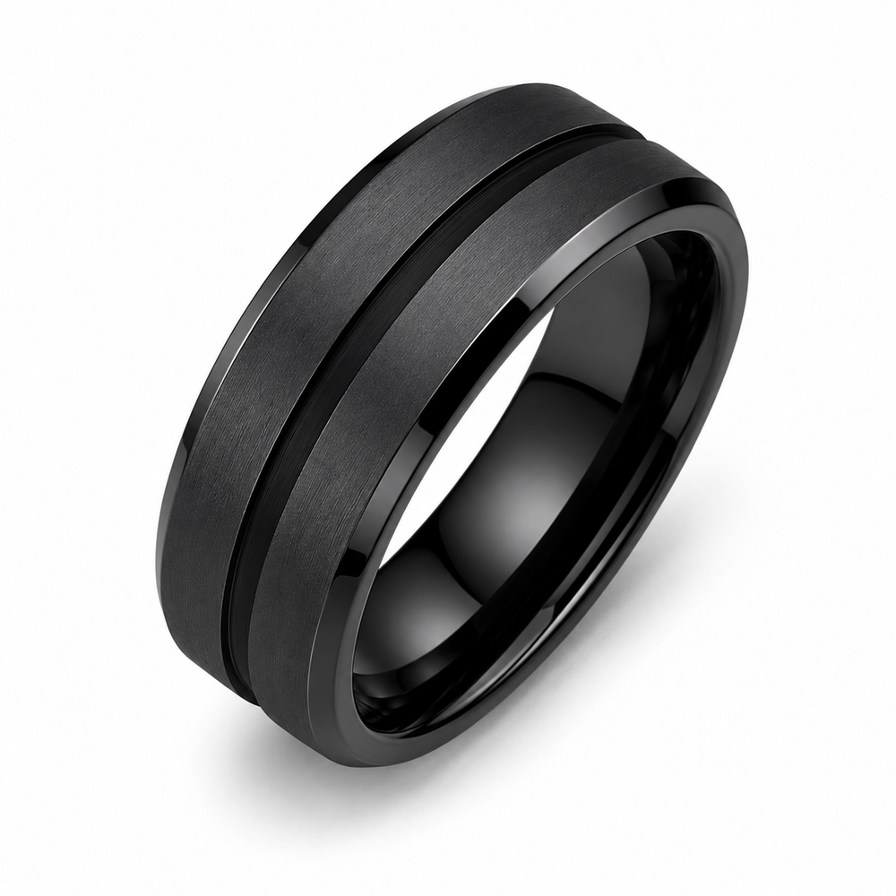 The Blackridge | Black Tungsten Wedding Band with Center Groove & Matte Finish | 6mm, 8mm