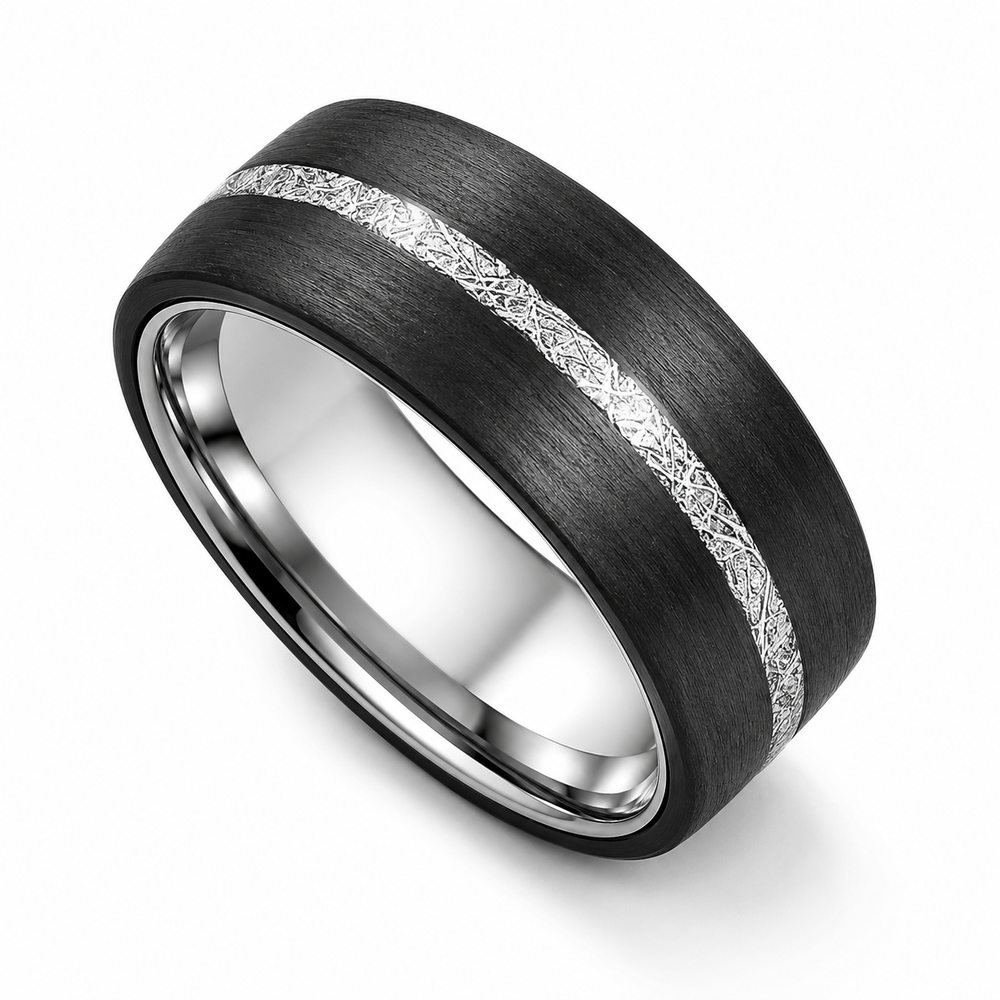 The Noir | Brushed Tungsten Ring with Silver Carbon Inlay | 8mm