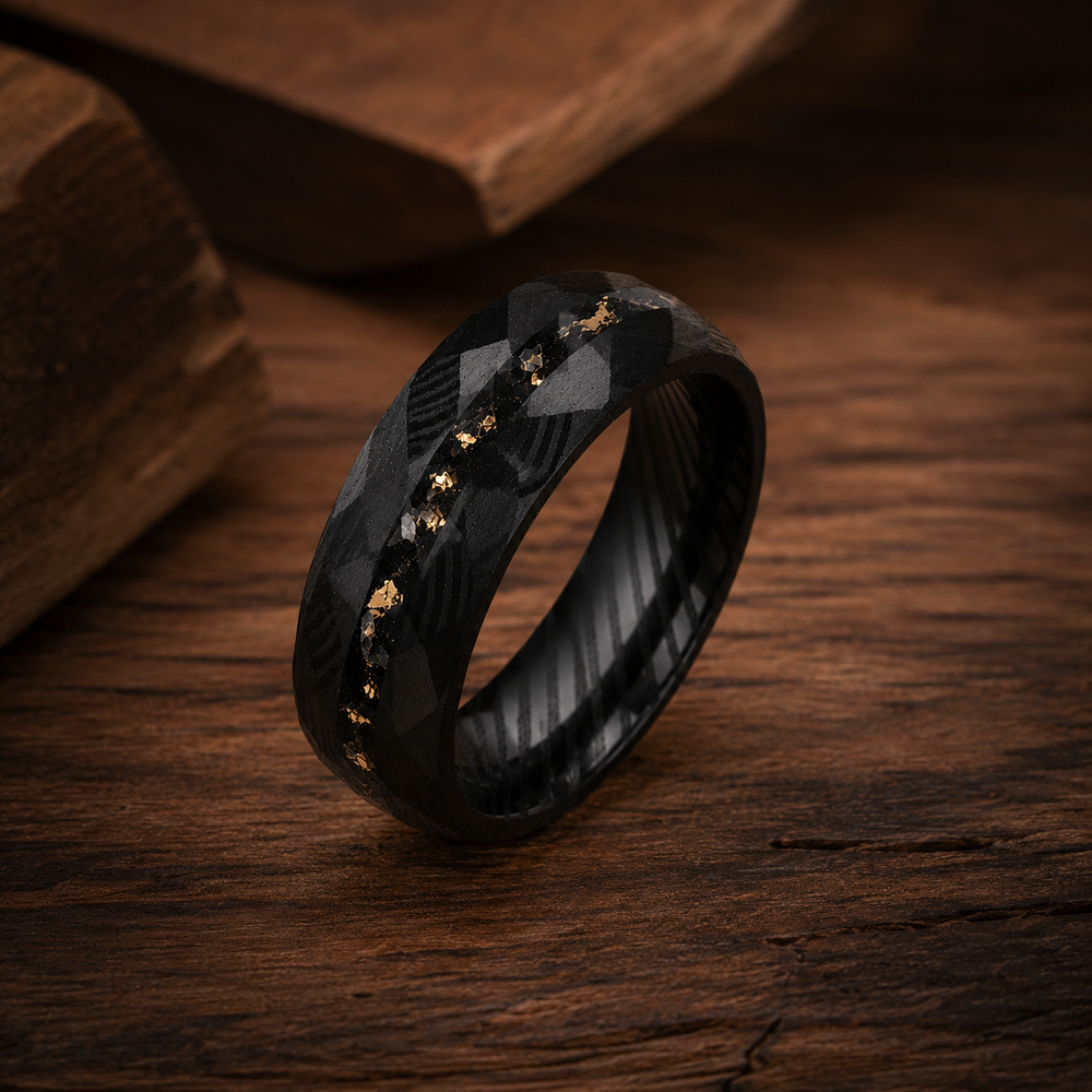 The Imperial Ember | Damascus Ring with Genuine Meteorite & Gold Inlay | 6mm, 8mm