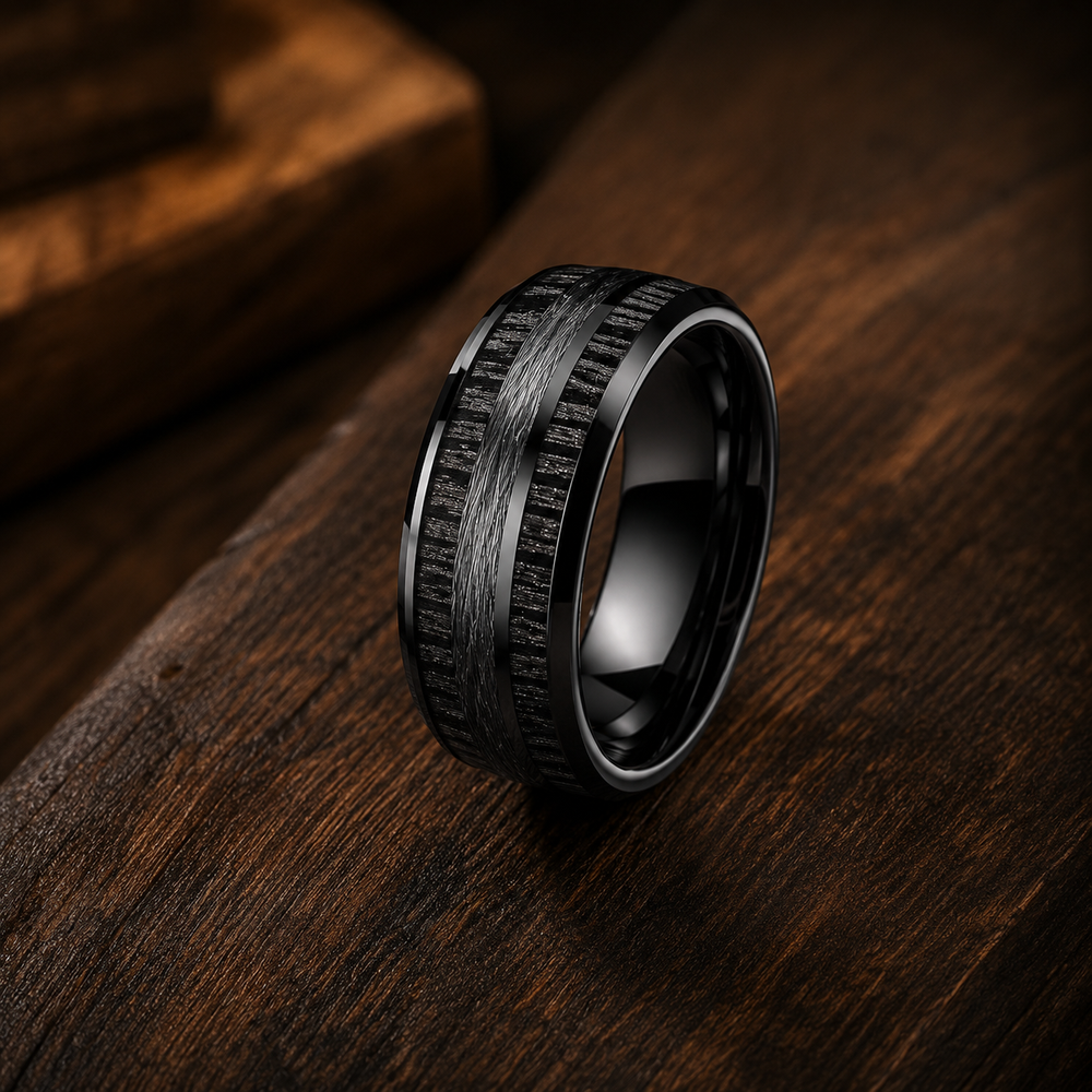The Executive | Black Tungsten Wedding Ring with Black Wood Inlay | 8mm