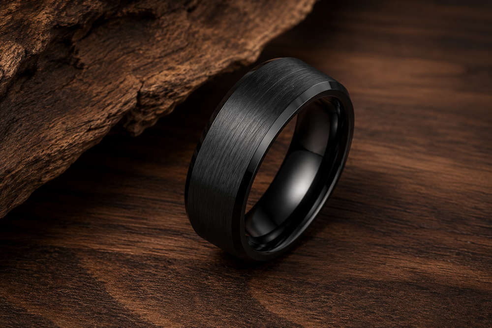 The Chancellor | Classic Brushed Tungsten Wedding Band with Beveled Edges