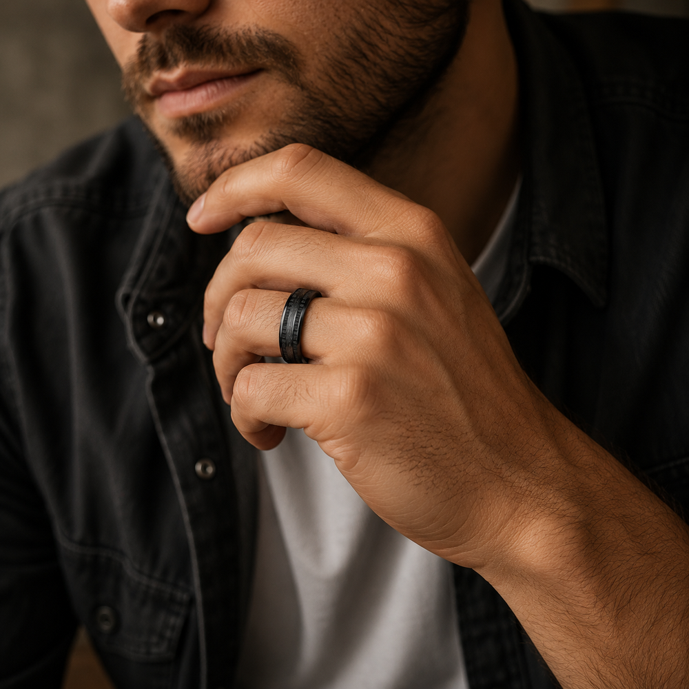 The Executive | Black Tungsten Wedding Ring with Black Wood Inlay | 8mm