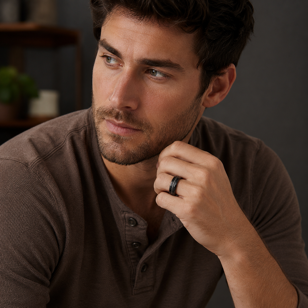 The Onyx | Black Tungsten Wedding Band with Guitar String Inlay, Classic Groove & Hammered Finish | 8mm