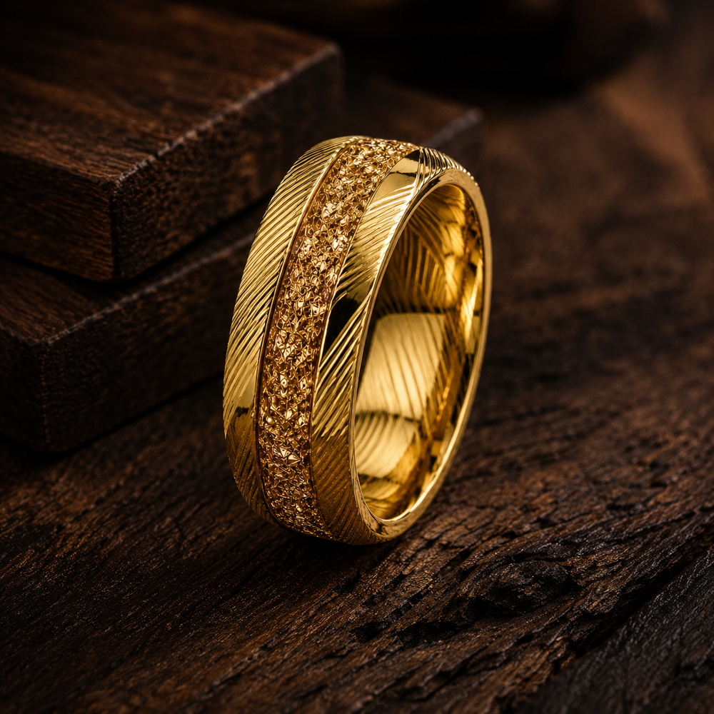 The Crownsmith | Gold Damascus Ring with Crushed Gold Inlay | 8mm