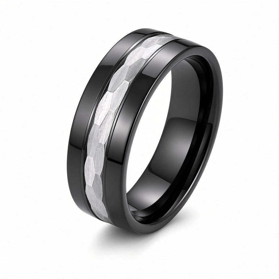 The Nightforge | Black Titanium Wedding Ring with Hammered Centre Inlay