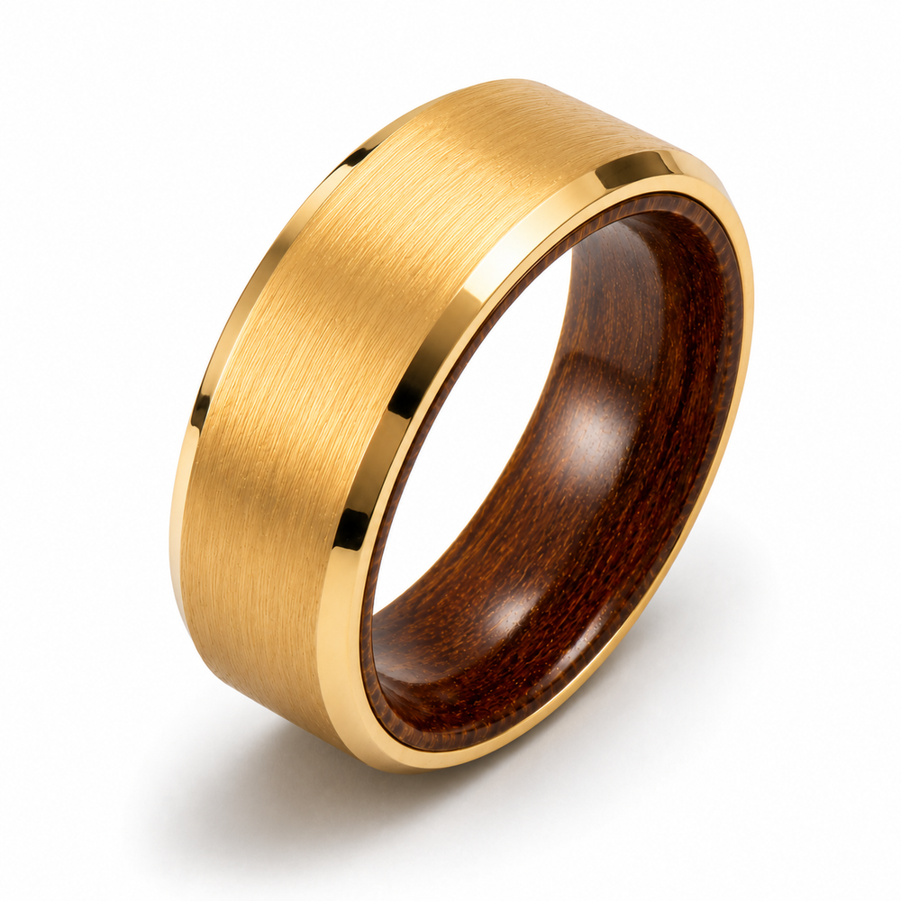 The Maverick | Brushed Gold & Whiskey Barrel Wood Ring | Men's Wedding Band | 6mm, 8mm