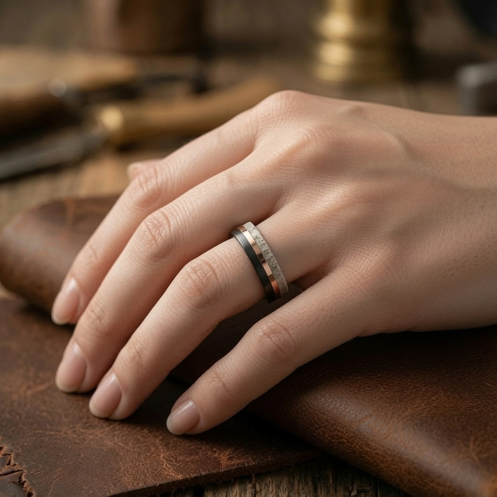 The Oakheart Set | Black Tungsten • Rose Gold • Genuine Antler Inlay | 4mm & 6mm