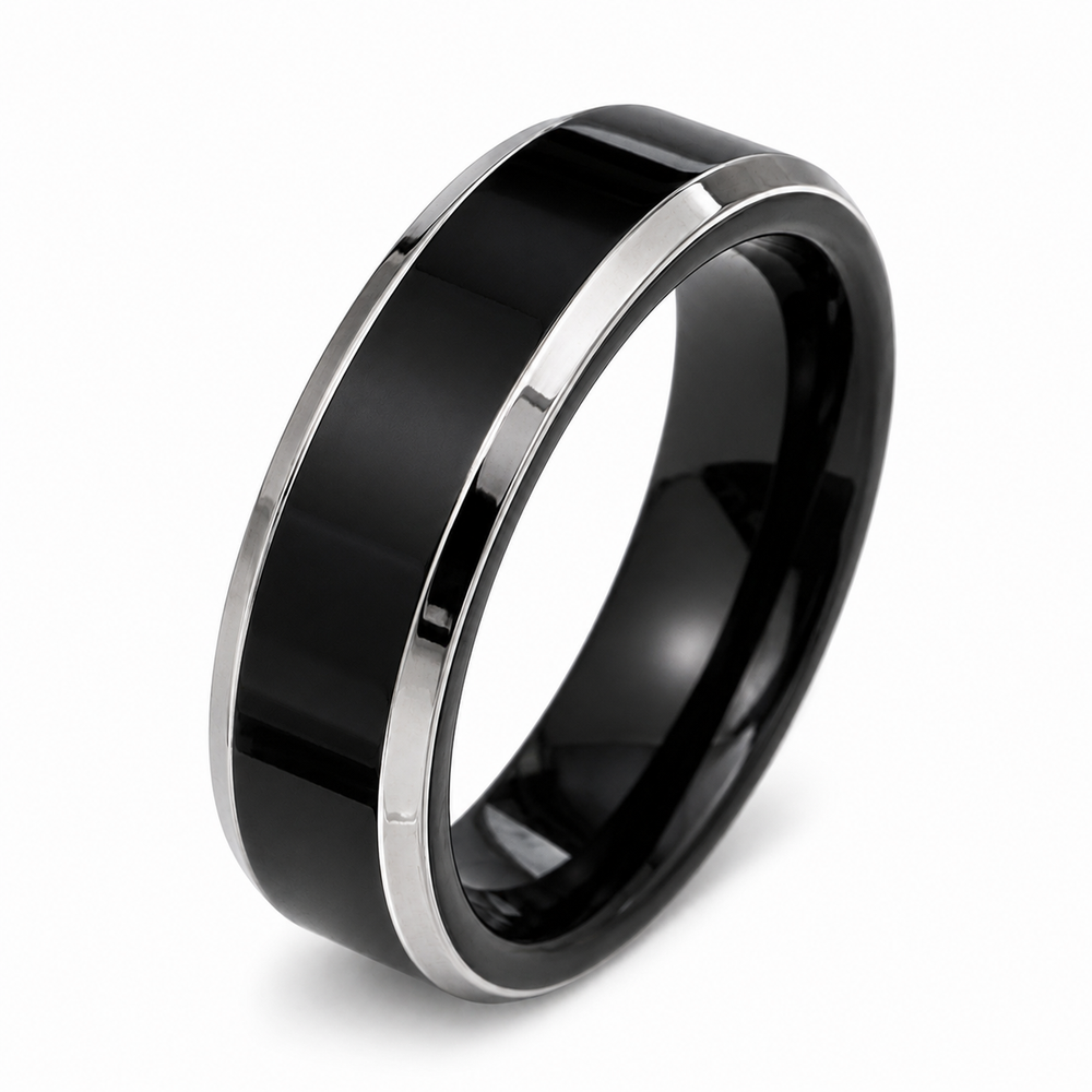 THE BLACKWELL EDGE | Black Tungsten Wedding Ring with Polished Silver Edges