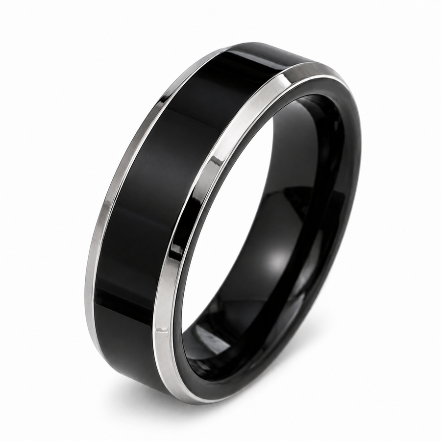 THE BLACKWELL EDGE | Black Tungsten Wedding Ring with Polished Silver Edges