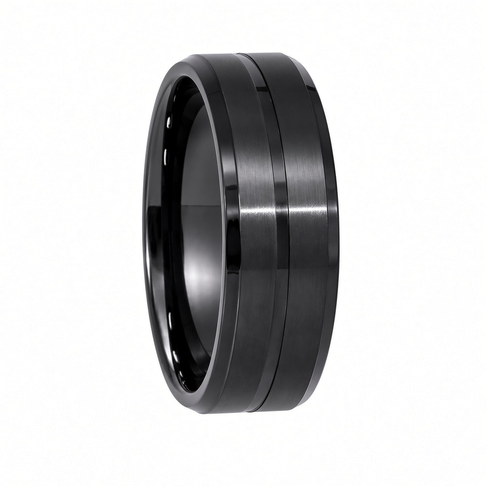 The Blackstone | Black Titanium Wedding Ring with Brushed Centre & Twin Precision Grooves