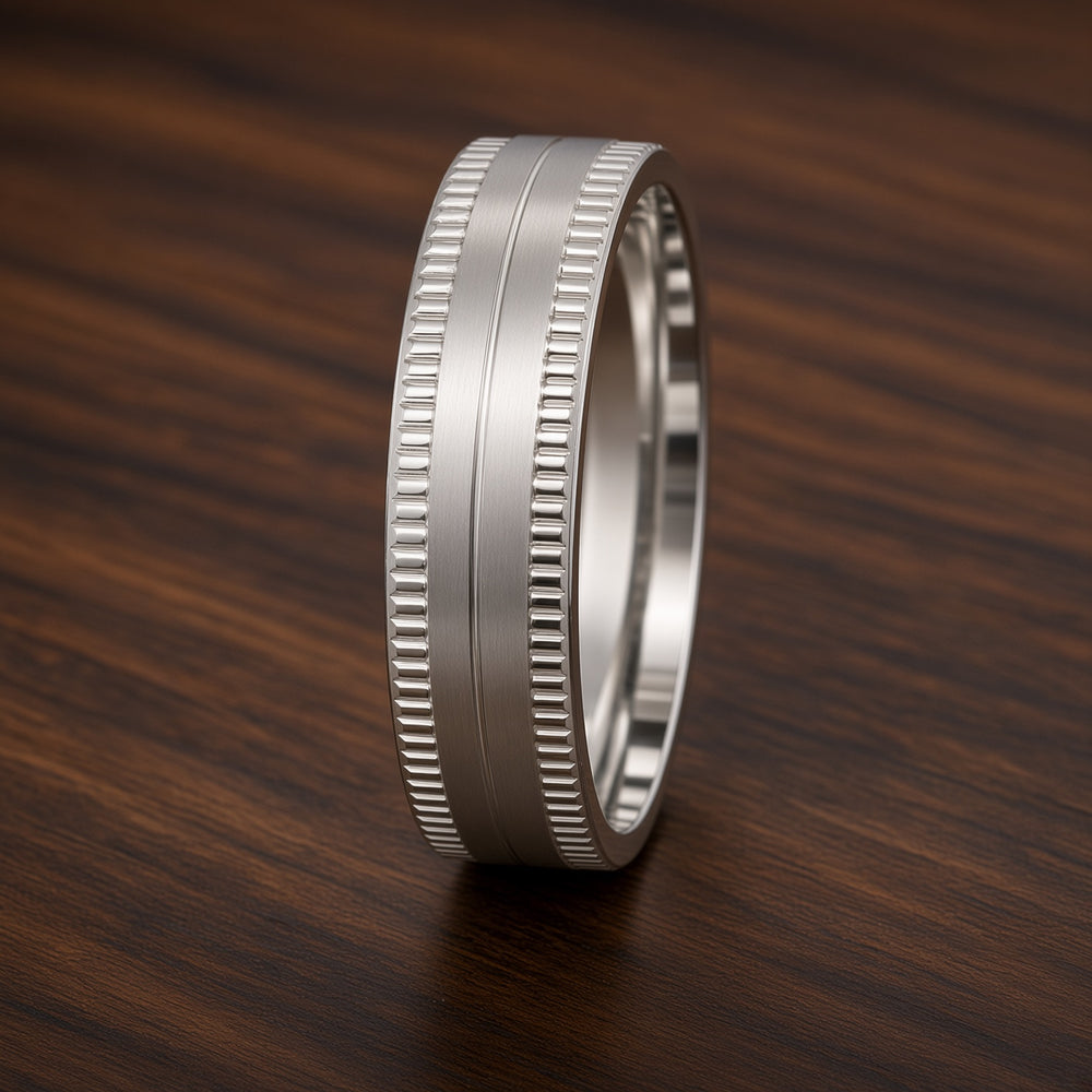 The Westbrook | Silver Titanium Wedding Ring with Milgrain Edges & Centre Groove