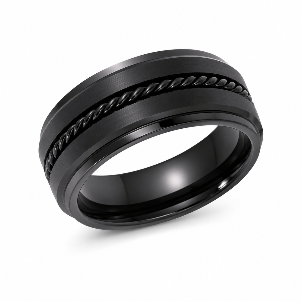The Sovereign Black | Titanium Wedding Ring with Twisted Rope Centre Detail