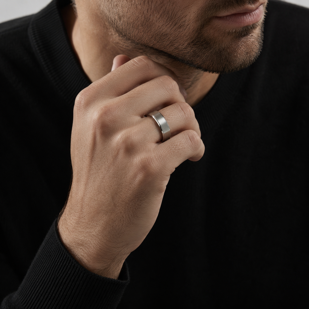 The Kensington | Brushed Titanium Wedding Ring with Polished Bevelled Edges