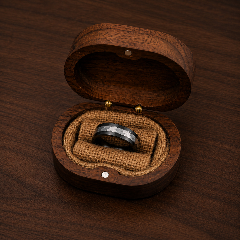 The Nightforge | Black Titanium Wedding Ring with Hammered Centre Inlay
