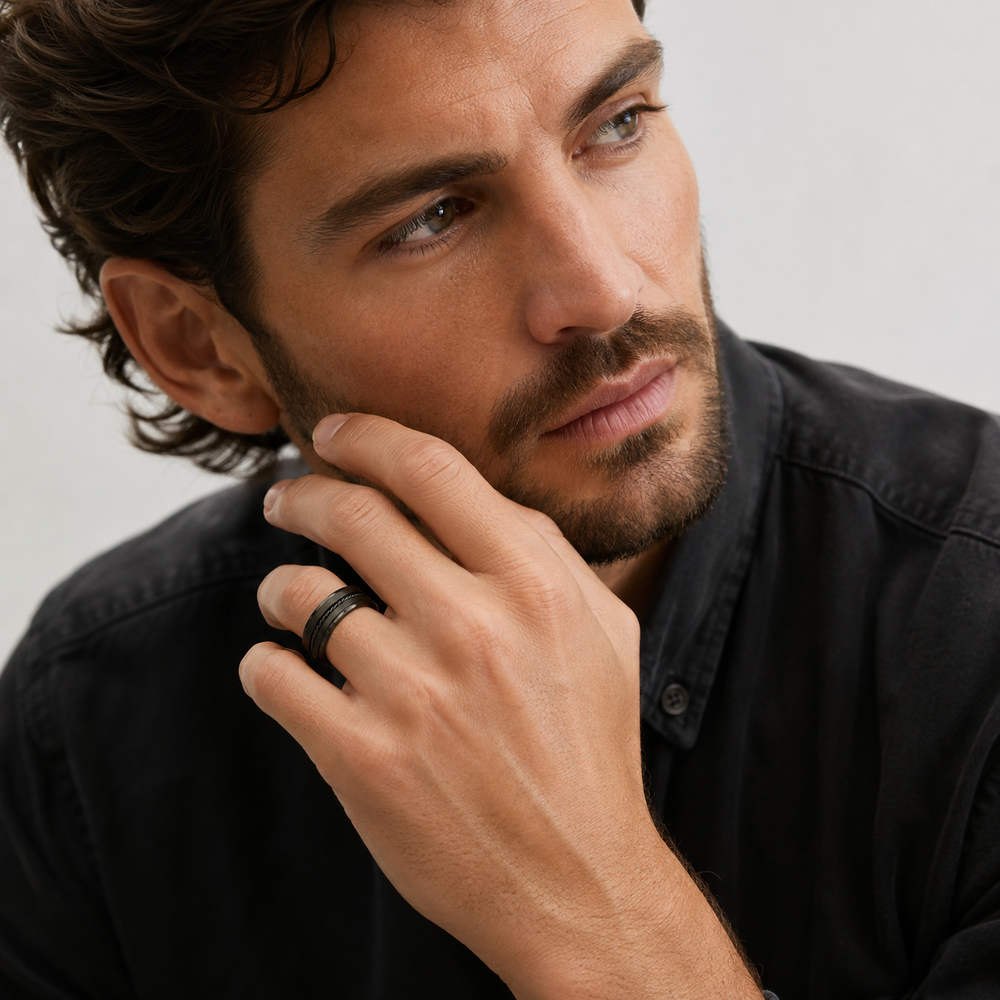 The Sovereign Black | Titanium Wedding Ring with Twisted Rope Centre Detail