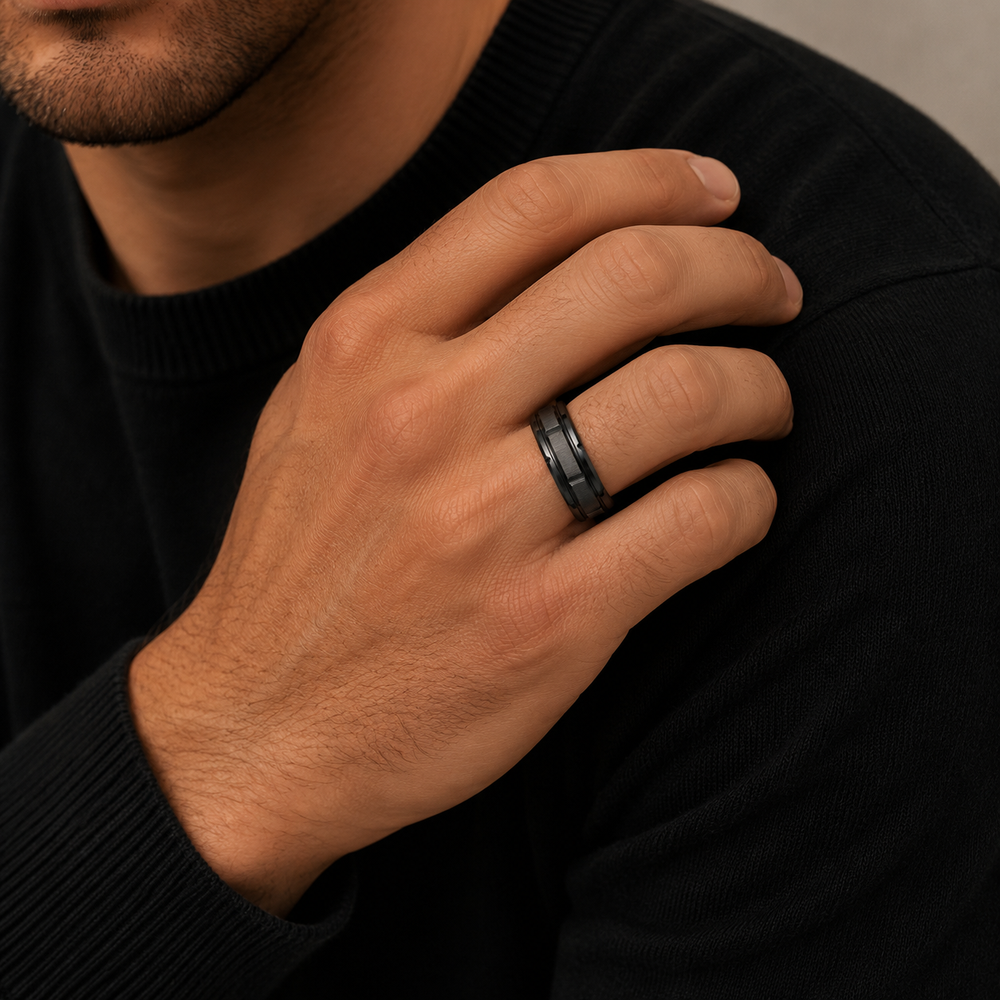 The Blackridge | Black Titanium Wedding Ring with Faceted Centre & Precision Groove Detailing