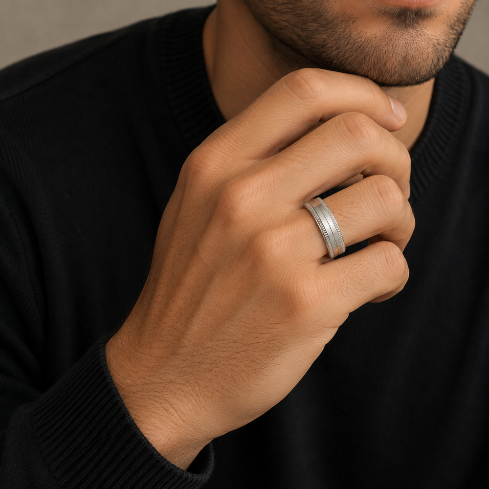 The Westbrook | Silver Titanium Wedding Ring with Milgrain Edges & Centre Groove