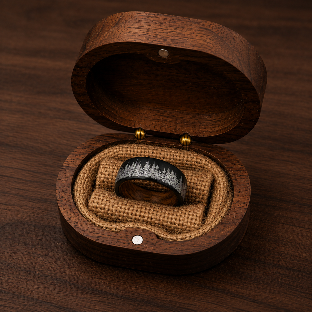 The Forest Forge | Tungsten Natural Wood Interior Wedding Band | 8mm