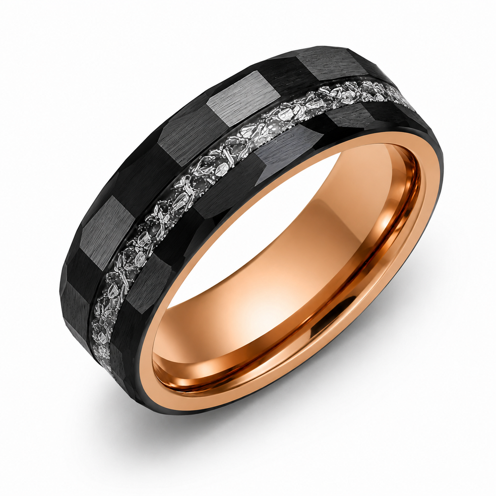 The Eclipse Noir | Black Tungsten Carbide Ring with 18K Gold Plating & Genuine Meteorite Inlay | 8mm