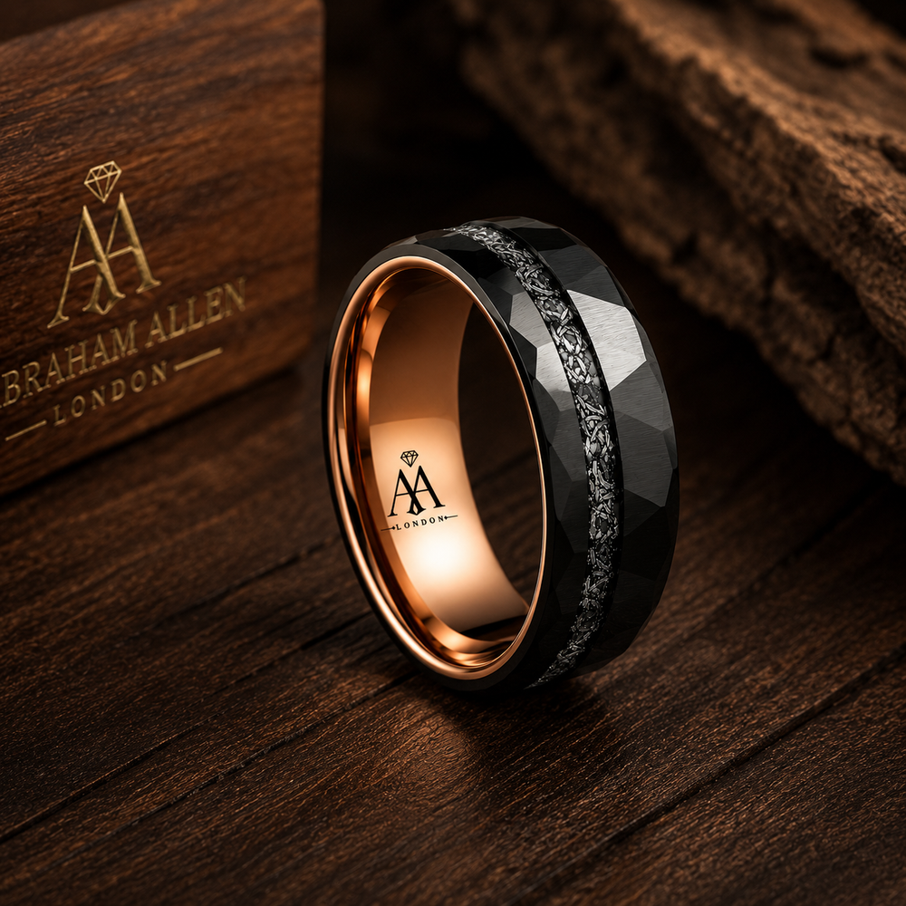 The Eclipse Noir | Black Tungsten Carbide Ring with 18K Gold Plating & Genuine Meteorite Inlay | 8mm