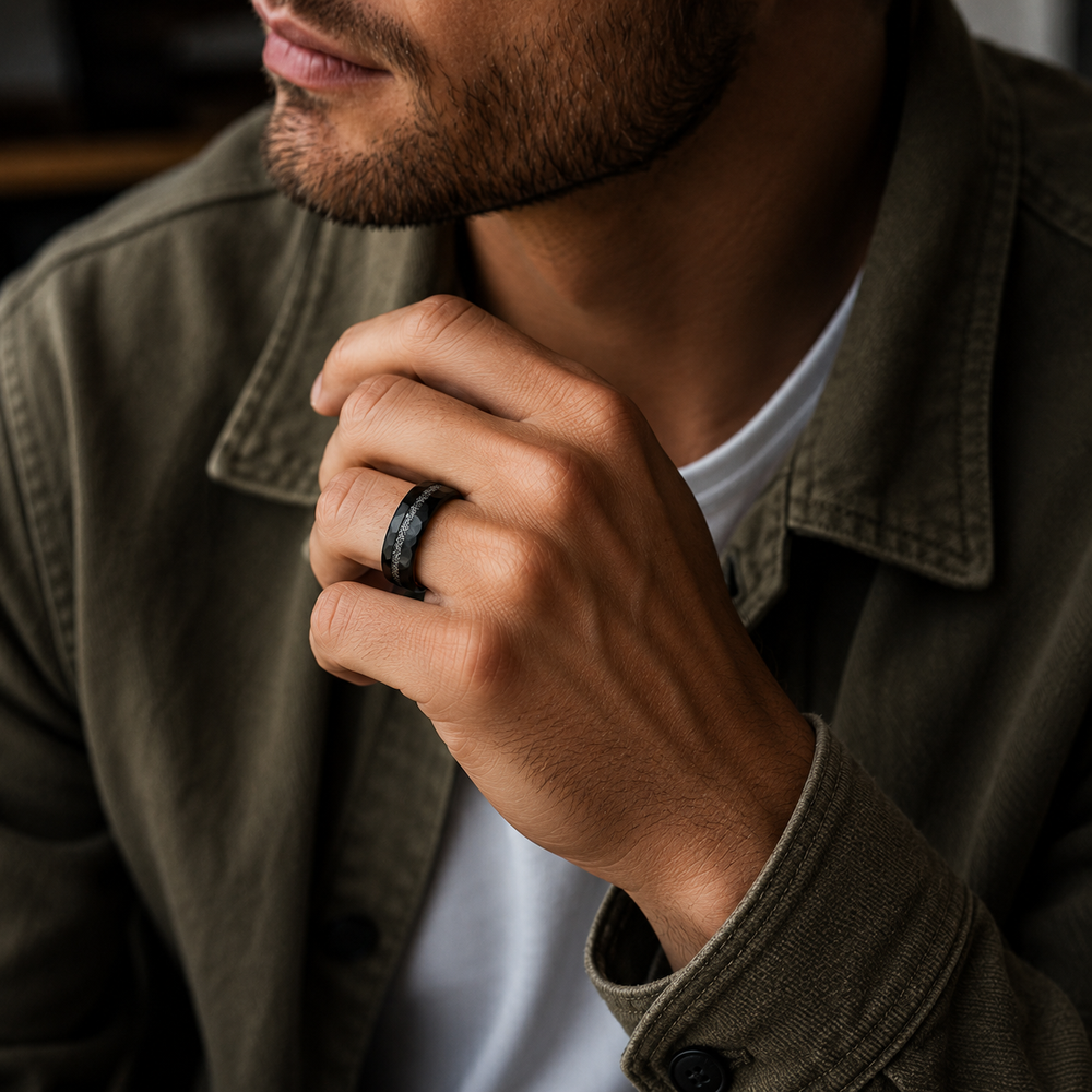 The Eclipse Noir | Black Tungsten Carbide Ring with 18K Gold Plating & Genuine Meteorite Inlay | 8mm