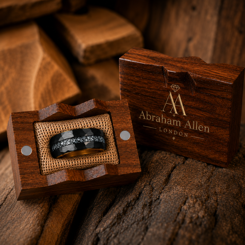 The Eclipse Noir | Black Tungsten Carbide Ring with 18K Gold Plating & Genuine Meteorite Inlay | 8mm