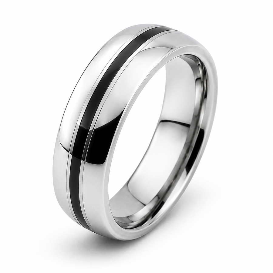 The Meridian ~ Premium Tungsten Wedding Ring with Black Inlay