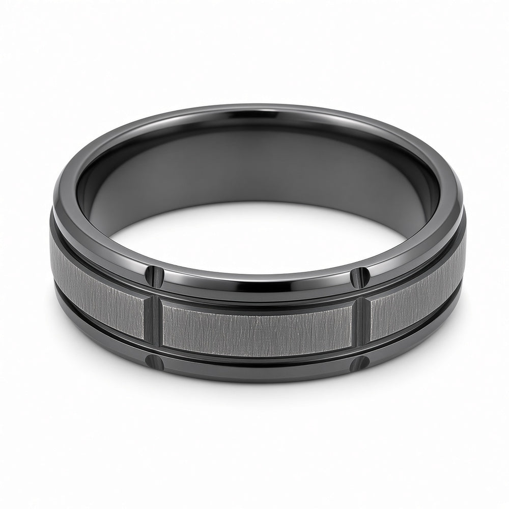 The Blackridge | Black Titanium Wedding Ring with Faceted Centre & Precision Groove Detailing