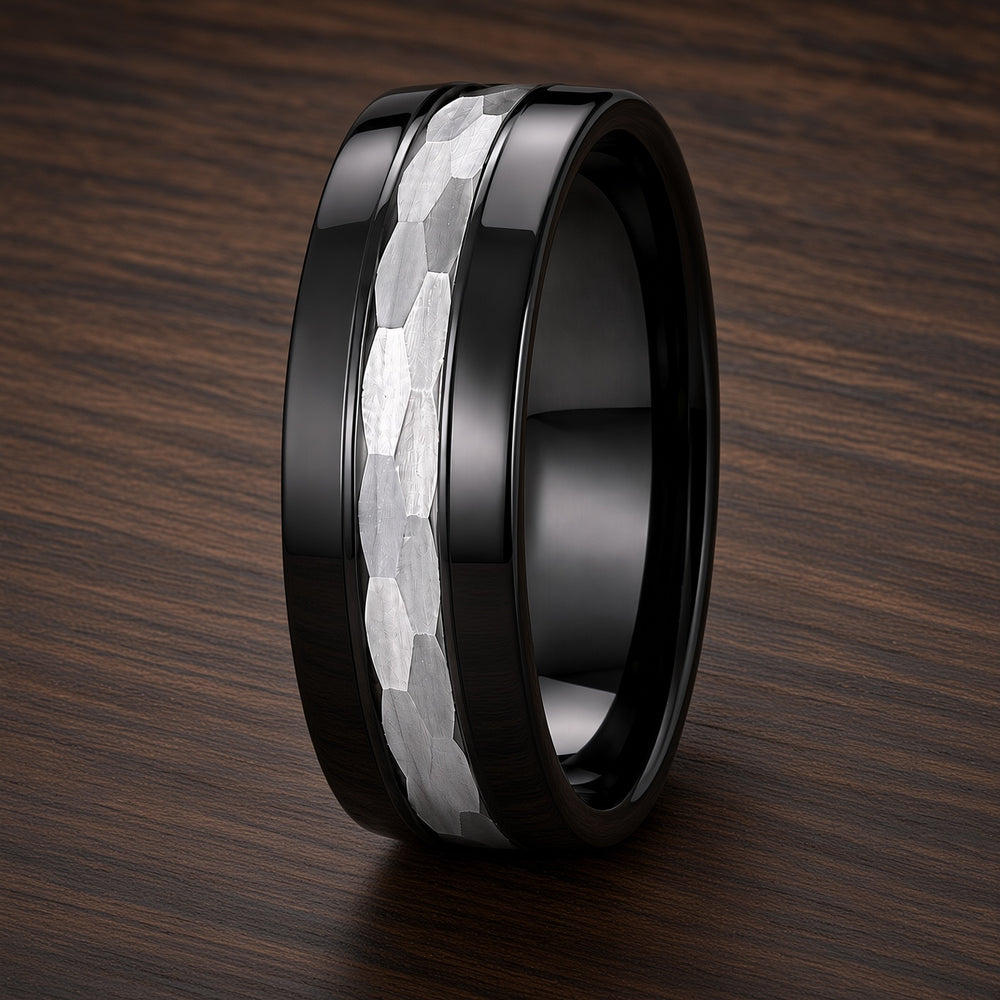 The Nightforge | Black Titanium Wedding Ring with Hammered Centre Inlay