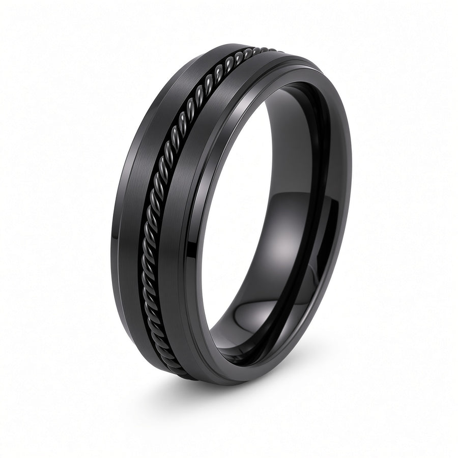 The Sovereign Black | Titanium Wedding Ring with Twisted Rope Centre Detail