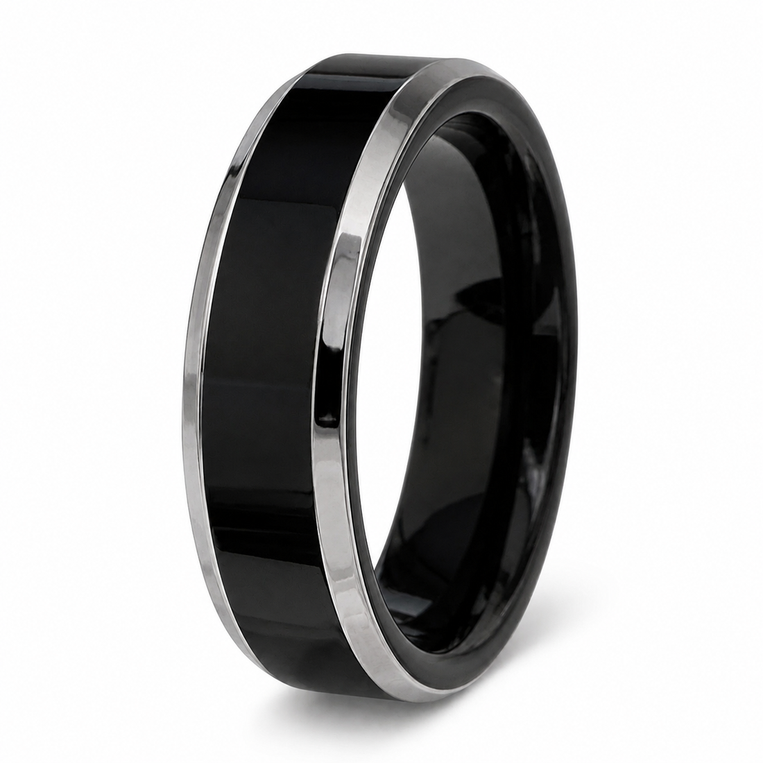 THE BLACKWELL EDGE | Black Tungsten Wedding Ring with Polished Silver Edges