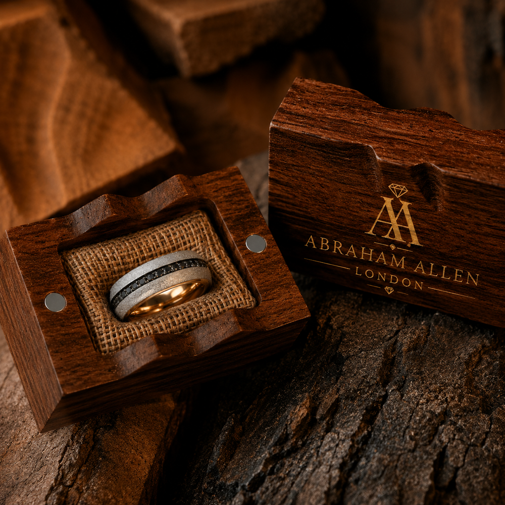 The Eventide| Blasted Tungsten Ring with Meteorite Inlay & 18K Rose Gold Interior | 8mm