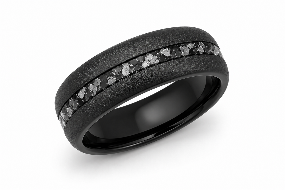 The Astral | Black Tungsten & Crushed Meteorite Inlay Ring | 6mm, 8mm