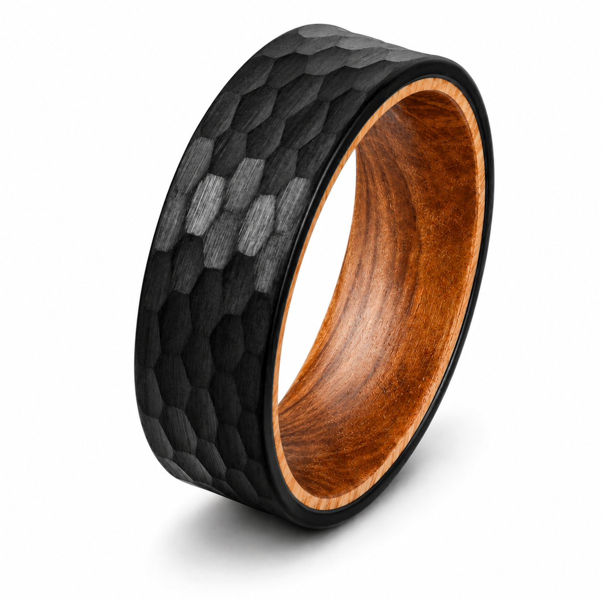 The Black Barrel | Hammered Whiskey Barrel Wood Ring