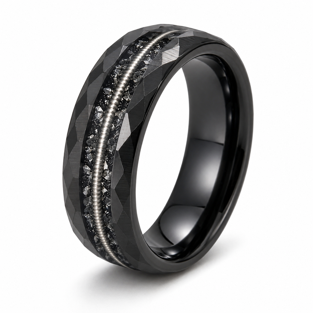 The Onyx | Black Tungsten Wedding Band with Guitar String Inlay, Classic Groove & Hammered Finish | 8mm