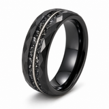 The Onyx | Black Tungsten Wedding Band with Guitar String Inlay, Classic Groove & Hammered Finish | 8mm