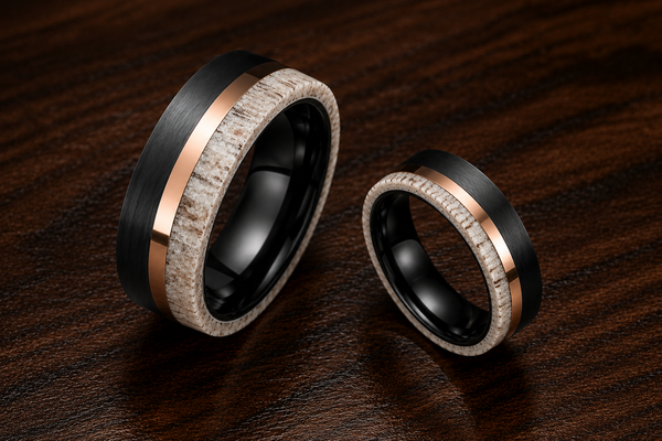 The Oakheart Set | Black Tungsten • Rose Gold • Genuine Antler Inlay | 4mm & 6mm