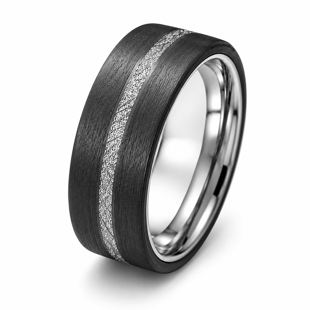 The Noir | Brushed Tungsten Ring with Silver Carbon Inlay | 8mm