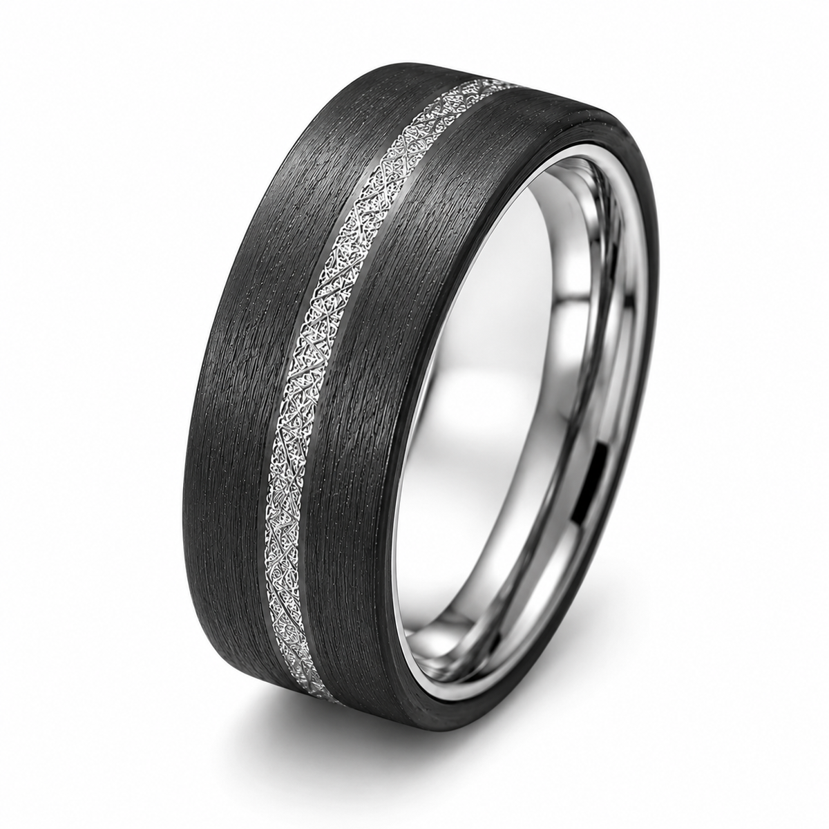 The Noir | Brushed Tungsten Ring with Silver Carbon Inlay | 8mm
