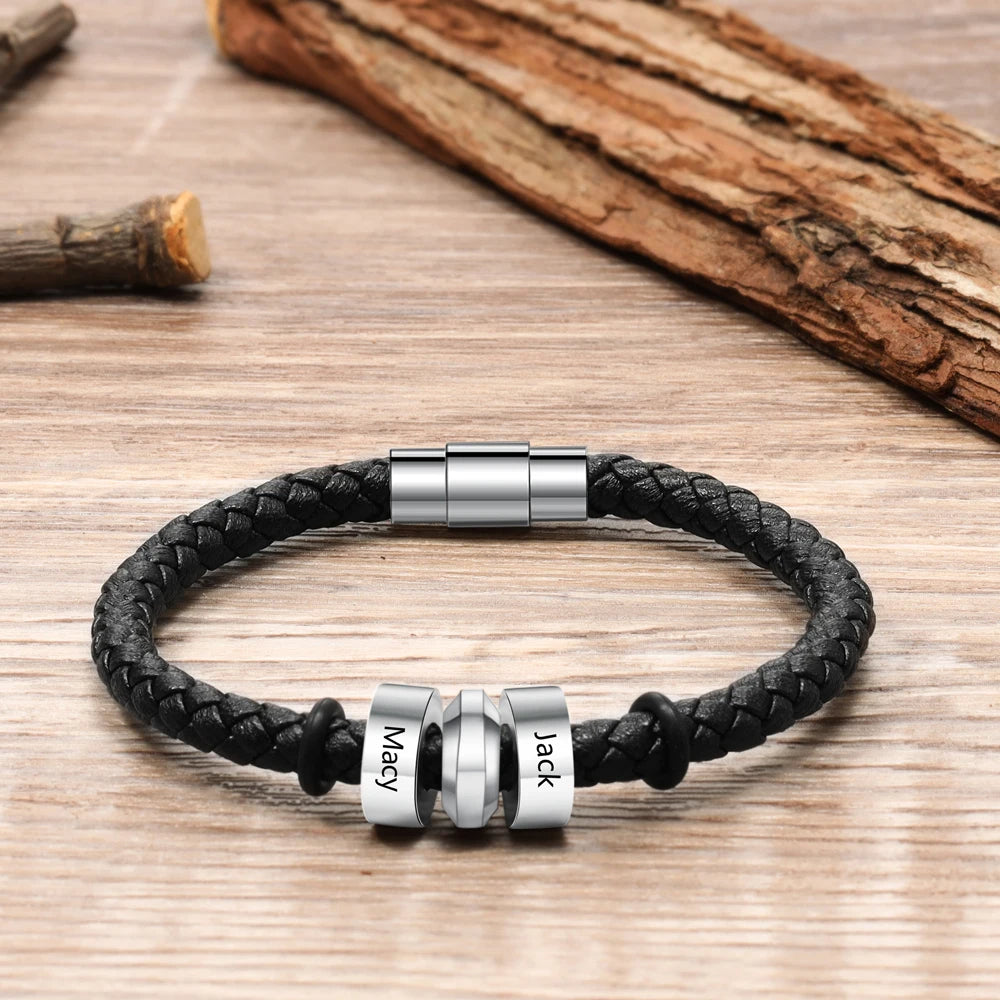 Personalized Retro Engraveable 2 Name Black Leather Bracelet - Abrahamallen