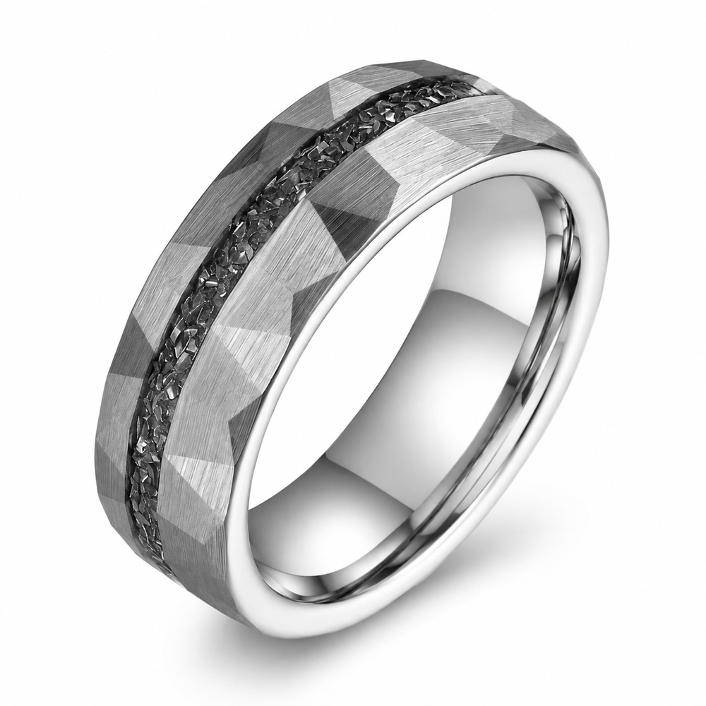 The Astraeus | Meteorite Inlay Faceted Tungsten Wedding Ring