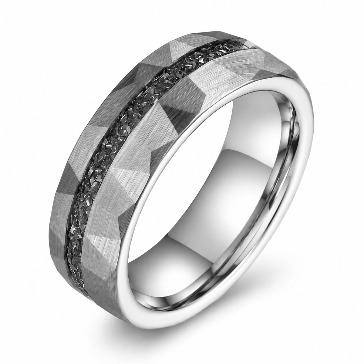 The Astraeus | Meteorite Inlay Faceted Tungsten Wedding Ring