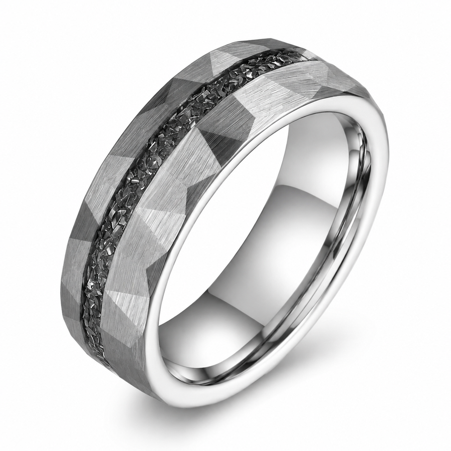 The Astraeus | Meteorite Inlay Faceted Tungsten Wedding Ring