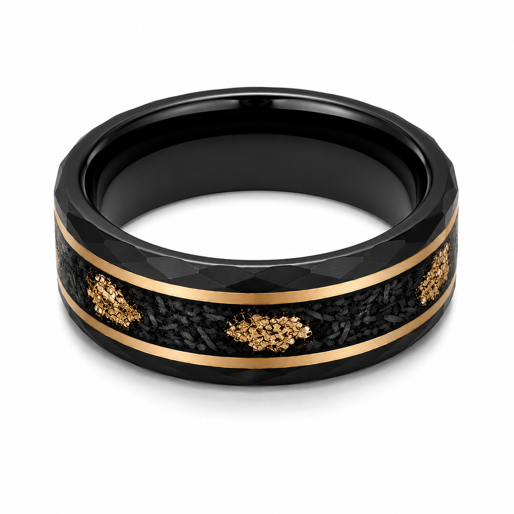 The Dynasty Couples Set | Black Faceted Tungsten Wedding Rings with Genuine Meteorite & 24K Gold Leaf Inlay